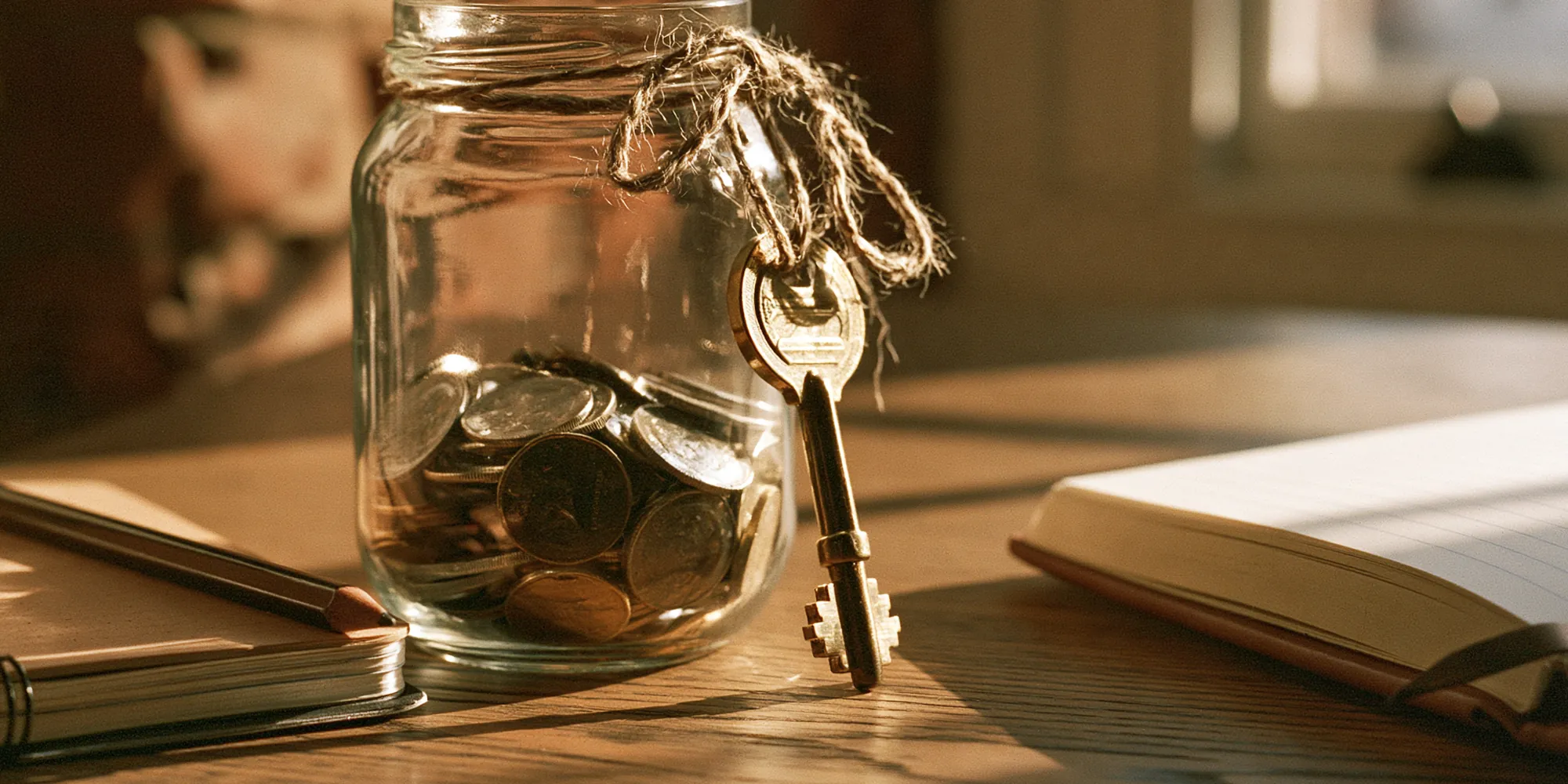 Pot de monnaie et clé de maison sur une table de bois, symboles d’une mise de fonds