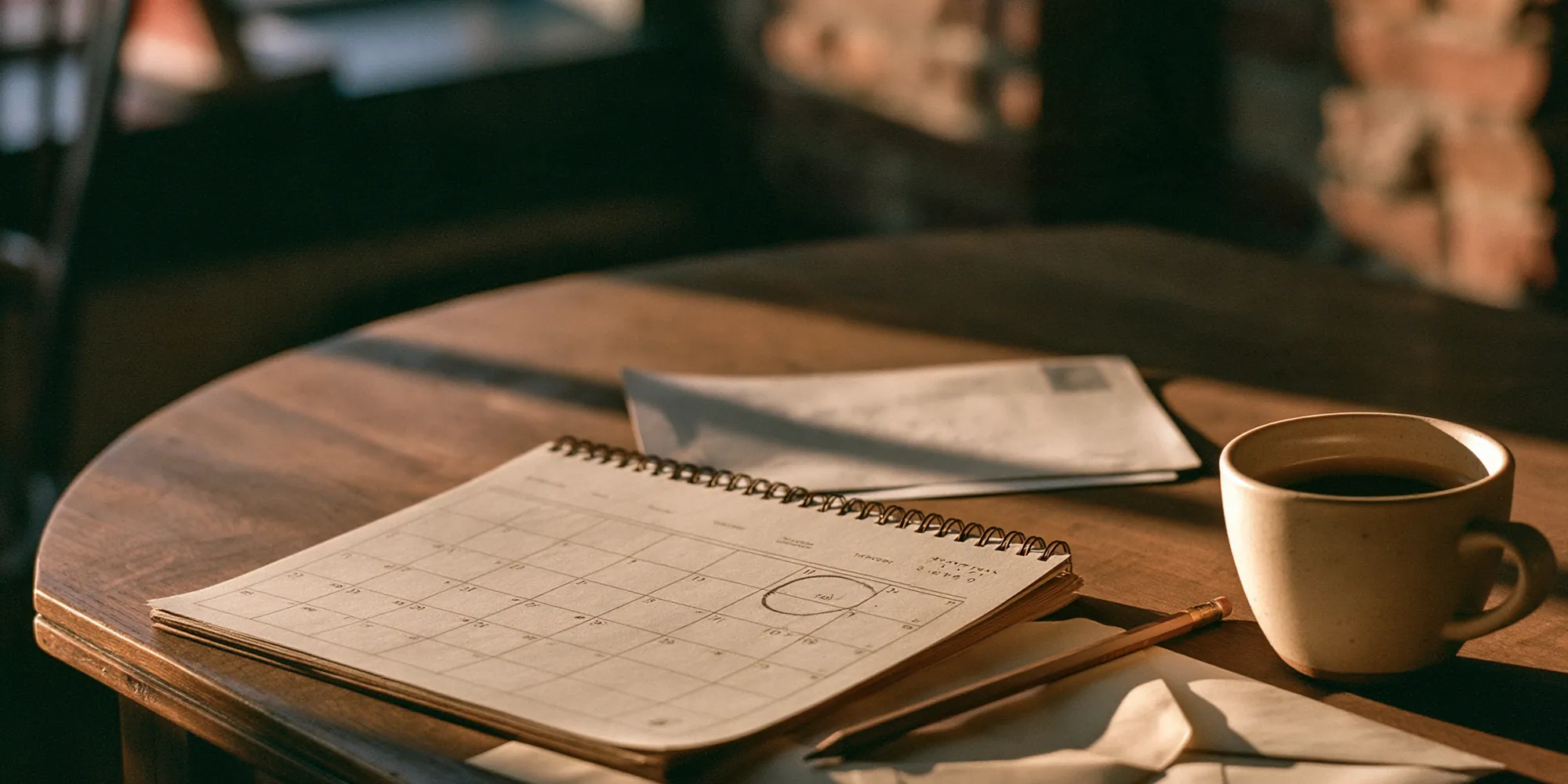 Calendrier, enveloppes et tasse de café sur une table de bois, prêts pour préparer un renouvellement