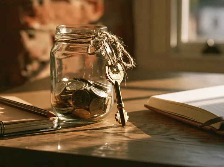 Pot de monnaie et clé de maison sur une table de bois, symboles d’une mise de fonds