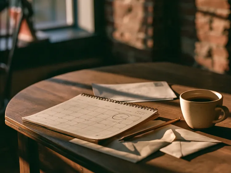 Calendrier, enveloppes et tasse de café sur une table de bois, prêts pour préparer un renouvellement