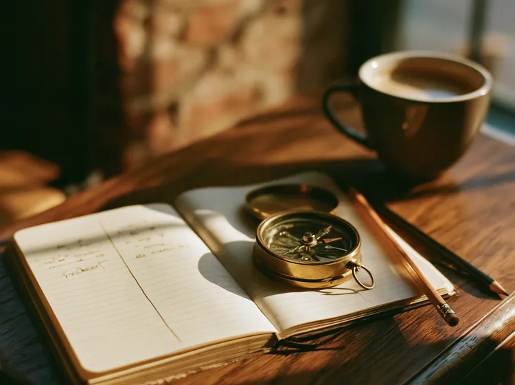 Carnet ouvert et boussole sur une table de bois, à côté d’une tasse de café