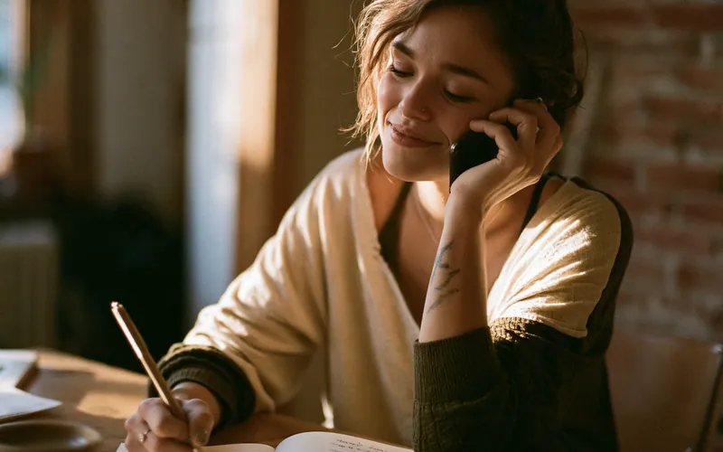 Femme souriante au téléphone qui prend des notes, lors d’un premier appel