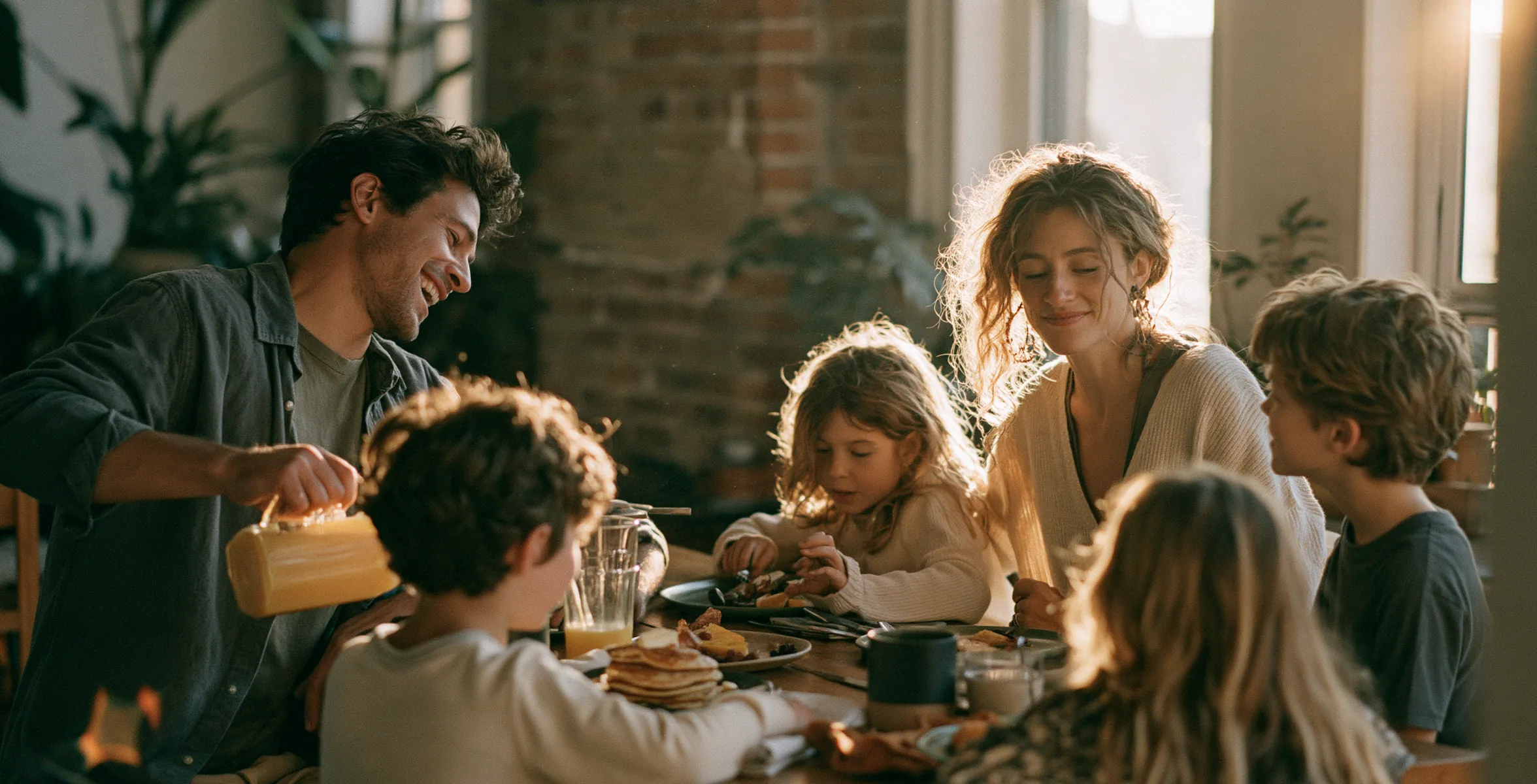 Famille détendue qui partage le déjeuner autour de la table de cuisine
