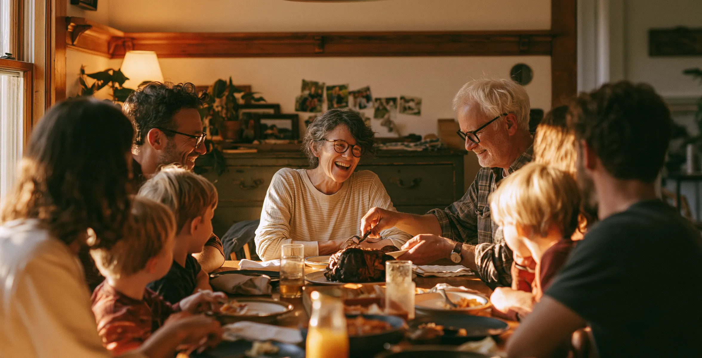 Grands-parents souriants entourés de leurs enfants et petits-enfants autour d’un repas de famille