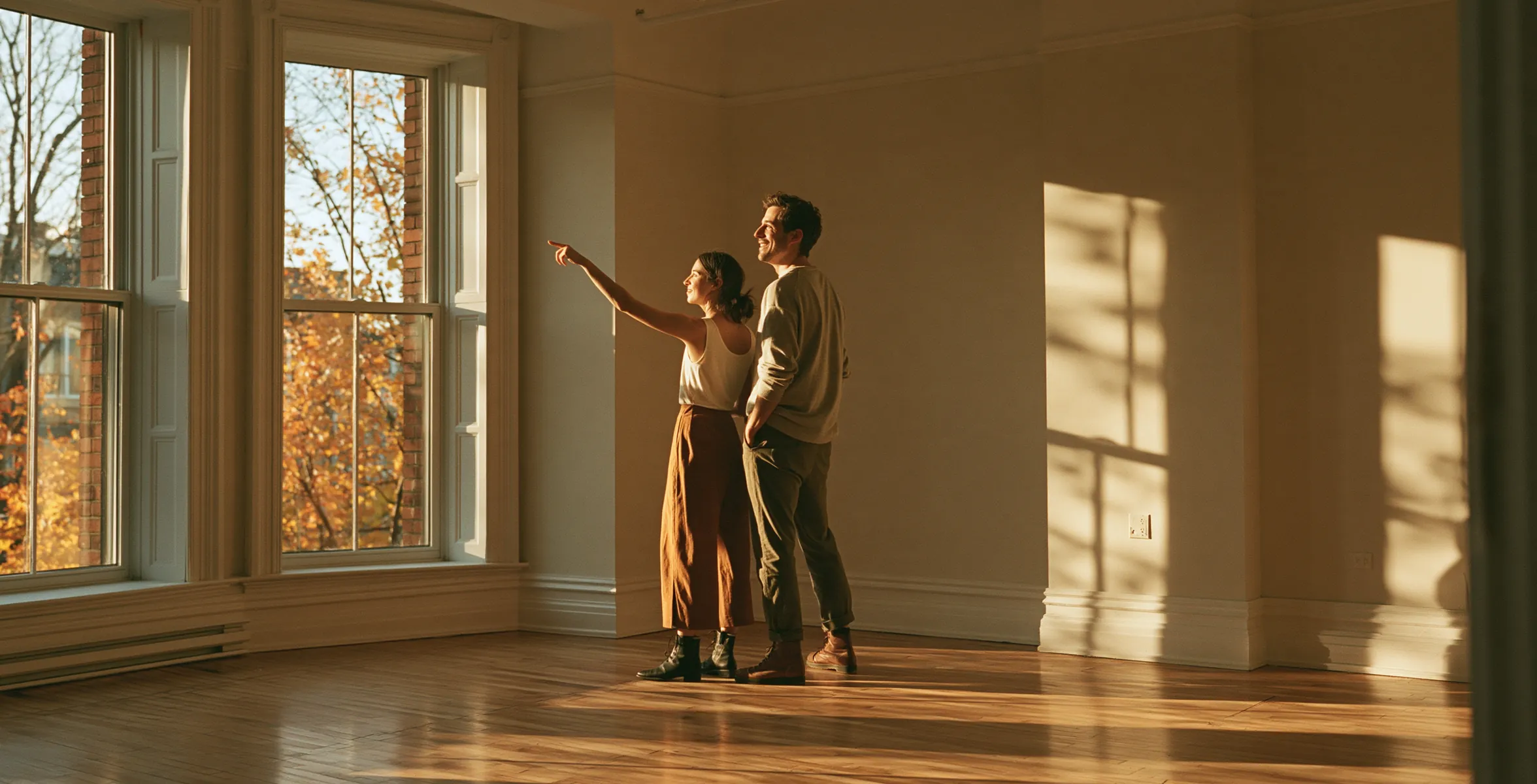 Jeune couple qui découvre le grand salon lumineux et vide de son premier logement