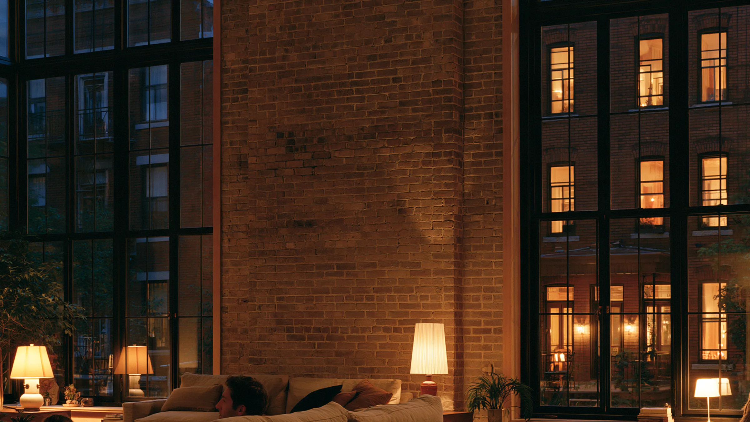 Grand salon chaleureux d’un loft en brique, éclairé par des lampes au crépuscule
