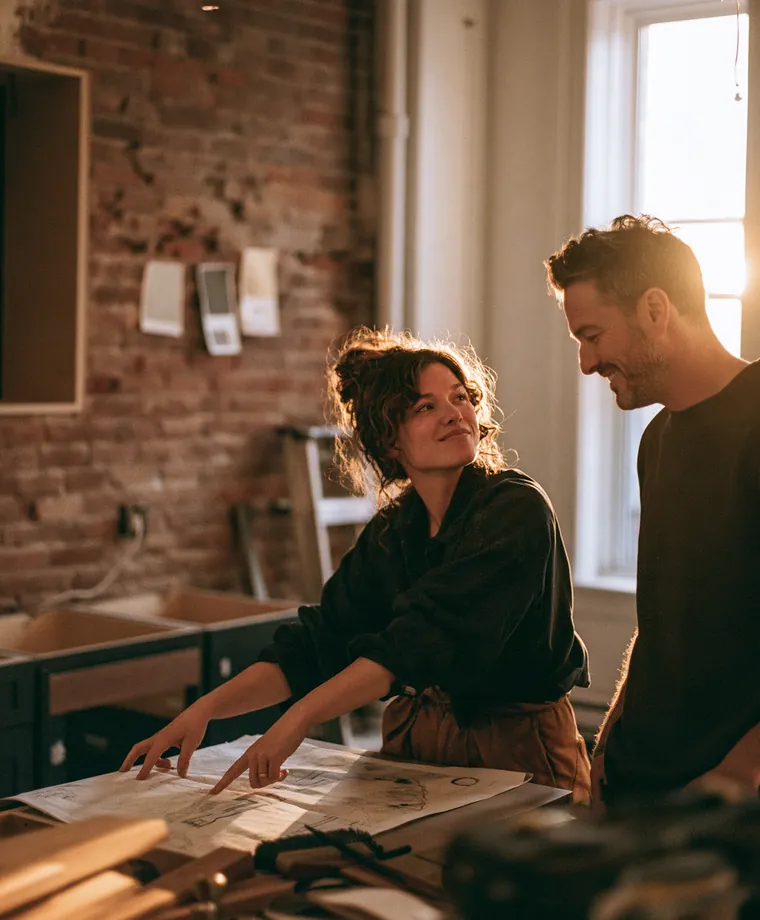 Couple qui planifie des rénovations devant des plans étalés dans un appartement en brique