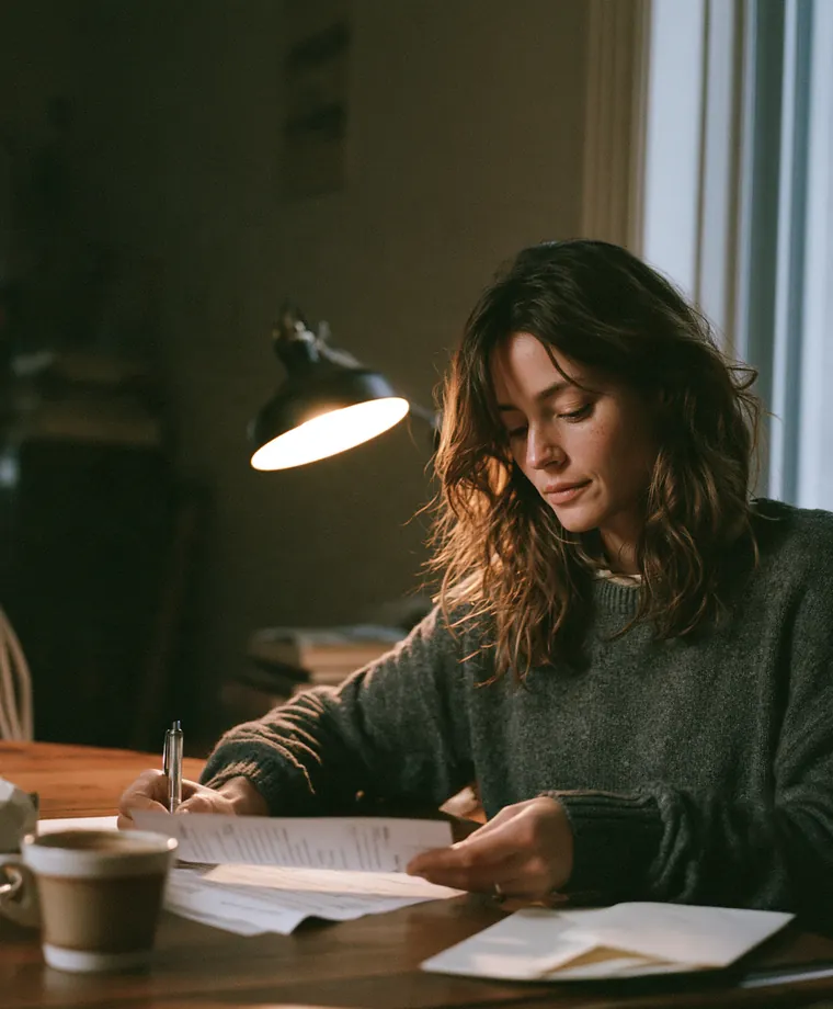 Femme qui révise ses documents hypothécaires à la lueur d’une lampe de bureau
